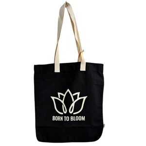 Born To Bloom Black Cream Organic Cotton Canvas Tote Bag Lotus Flower Print Gift